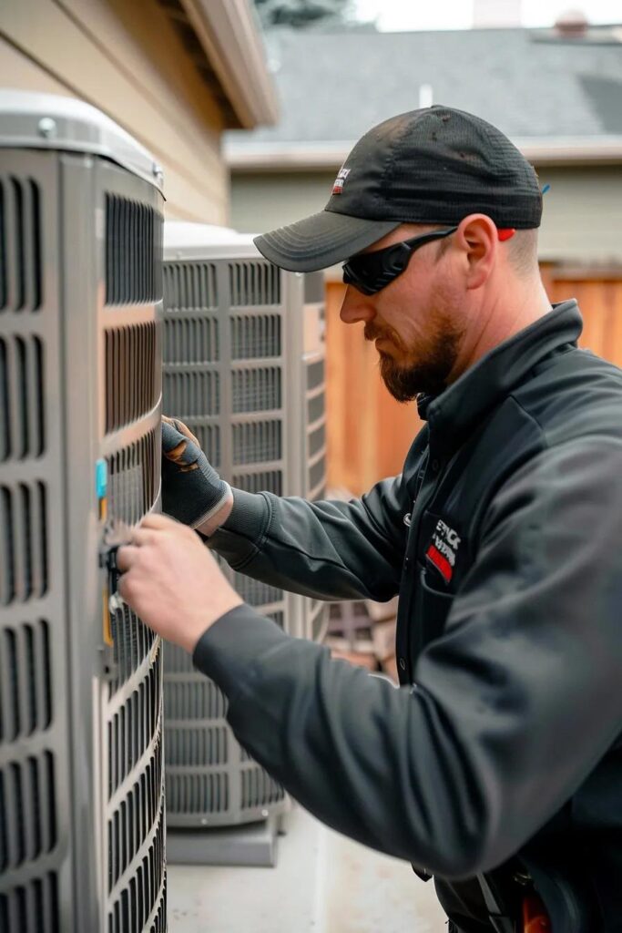 Technician performing air conditioning maintenance outdoors, illustrating comprehensive care for cooling systems