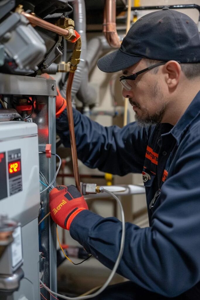 Technician performing maintenance on a gas furnace, inspecting components and ensuring proper functionality for safe heating solutions.