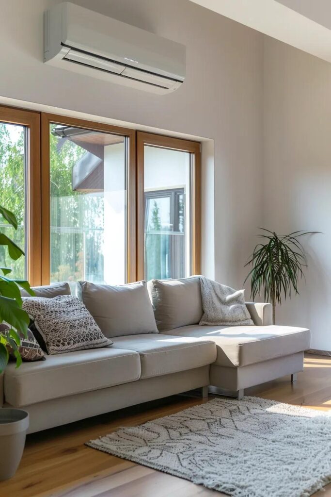 Air conditioning unit in a bright living room, illustrating cooling solutions for summer comfort