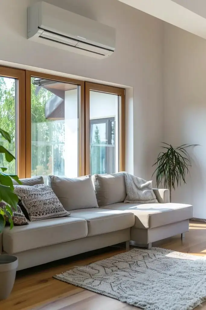 Air conditioning unit in a bright living room, illustrating cooling solutions for summer comfort