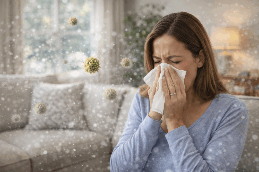 woman with allergies sneezing
