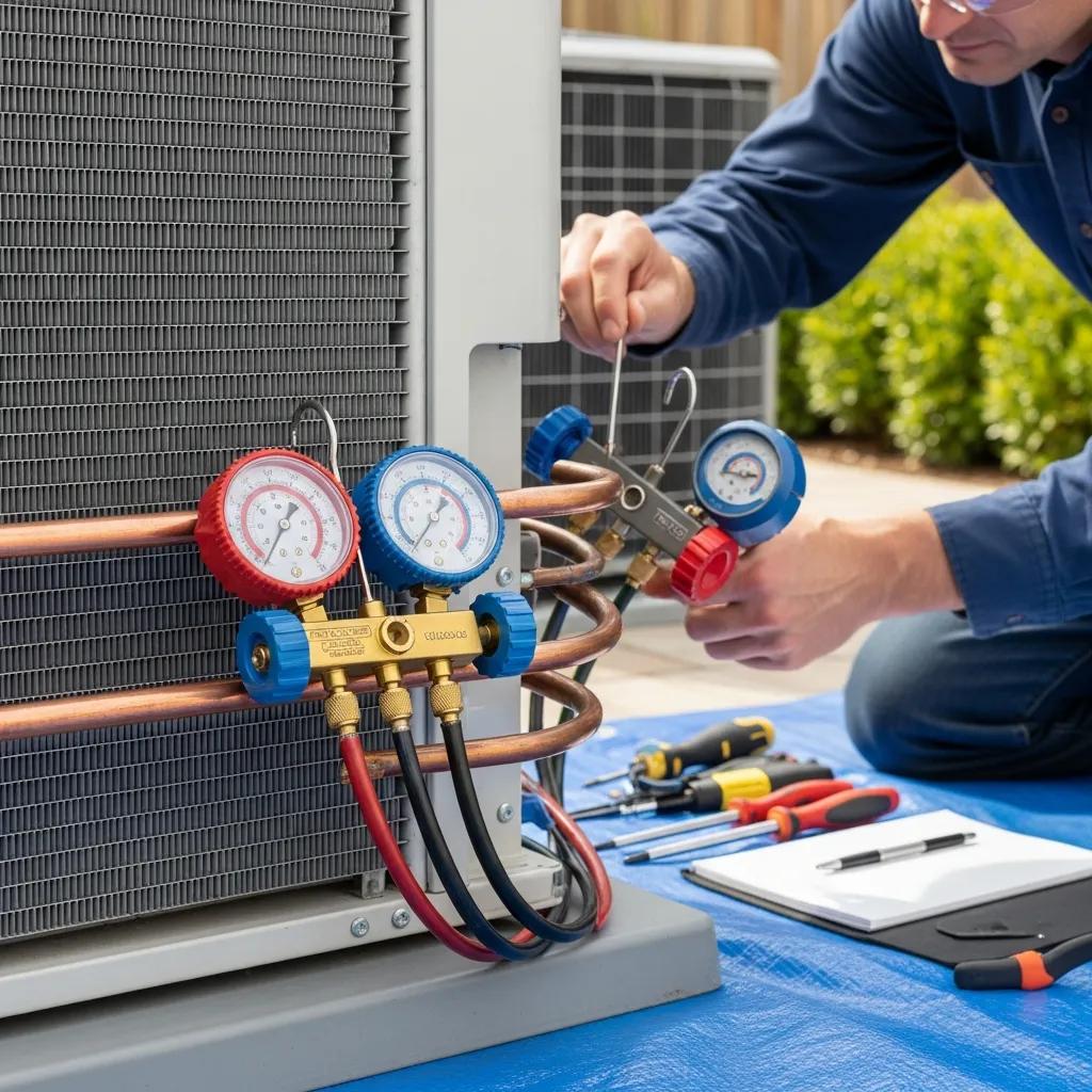 Close-up of clean air conditioning coils and technician checking refrigerant levels during maintenance