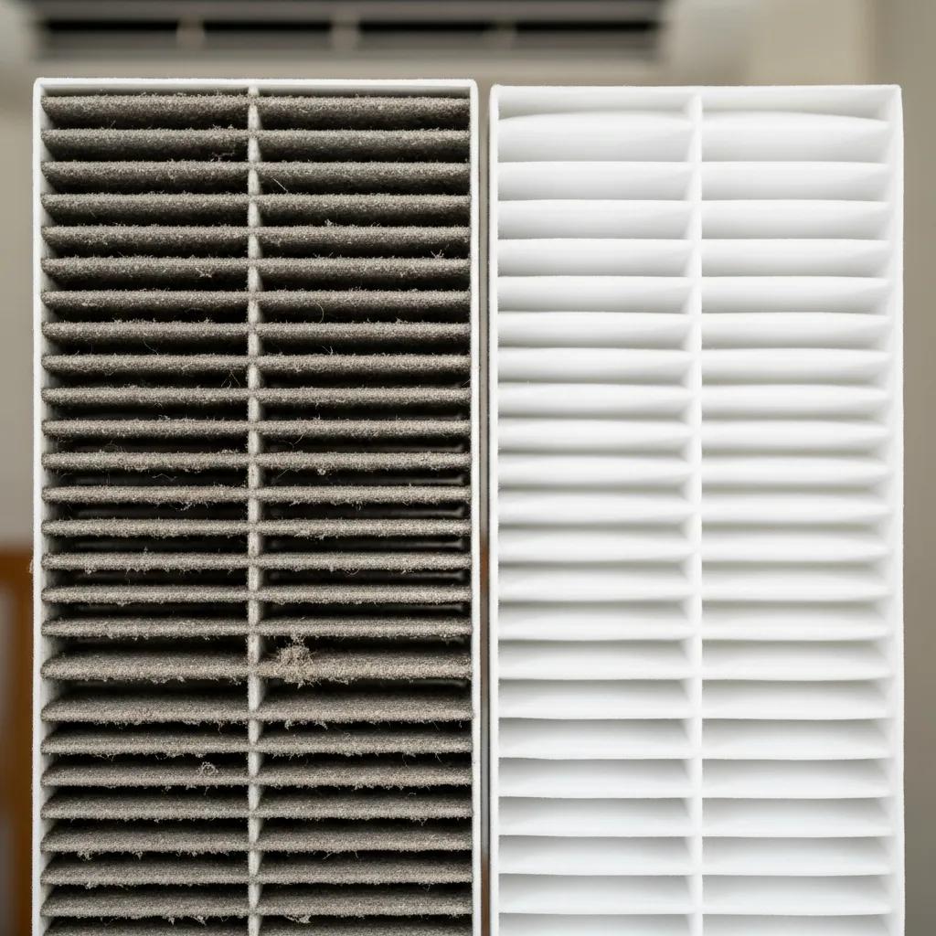 Comparison of a dirty air filter and a clean air filter, emphasizing common AC maintenance issues