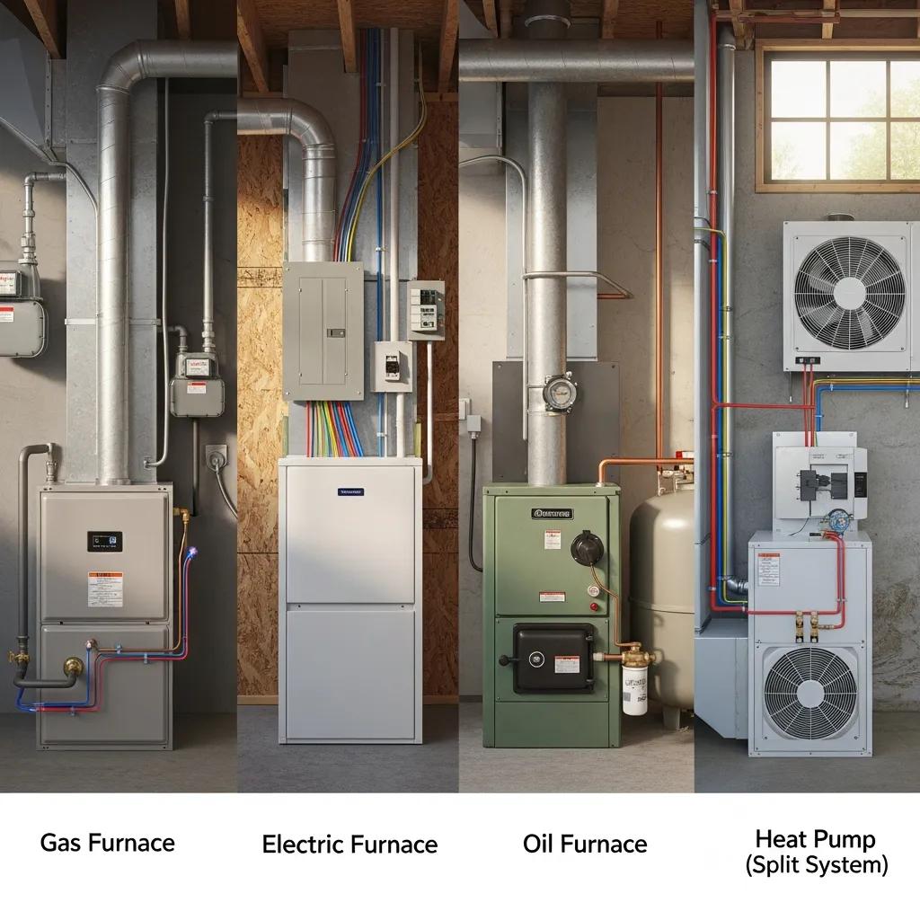 Comparison of gas, electric, oil, and heat pump furnaces in realistic settings
