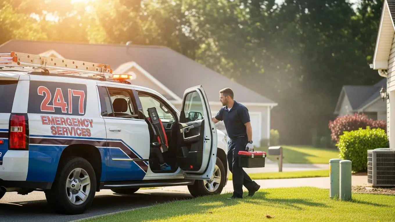 Emergency technician arriving at a home in Floyd County for urgent AC repair in hot weather
