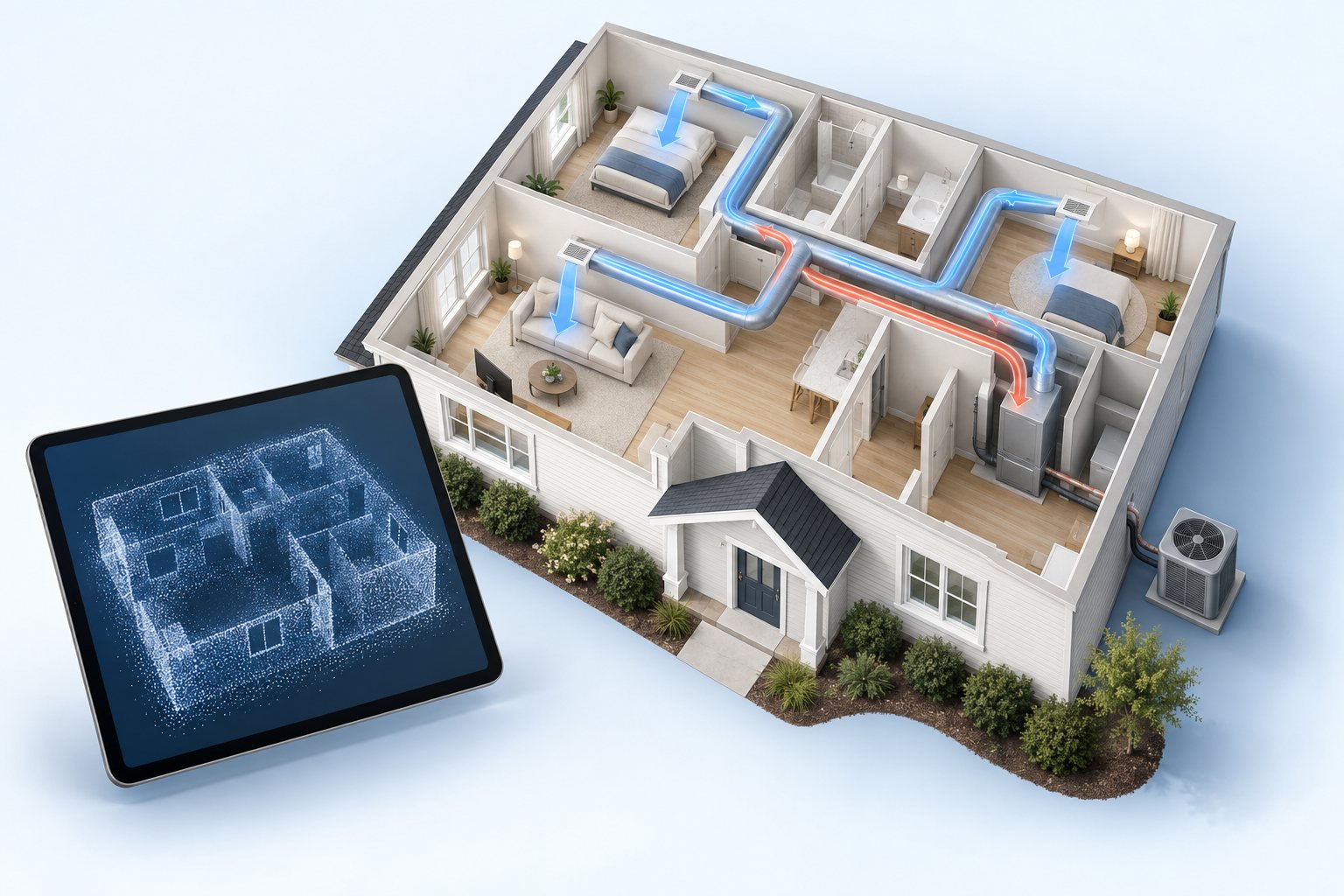 Concept illustration of a home cutaway, airflow paths and a tablet displaying room measurements.