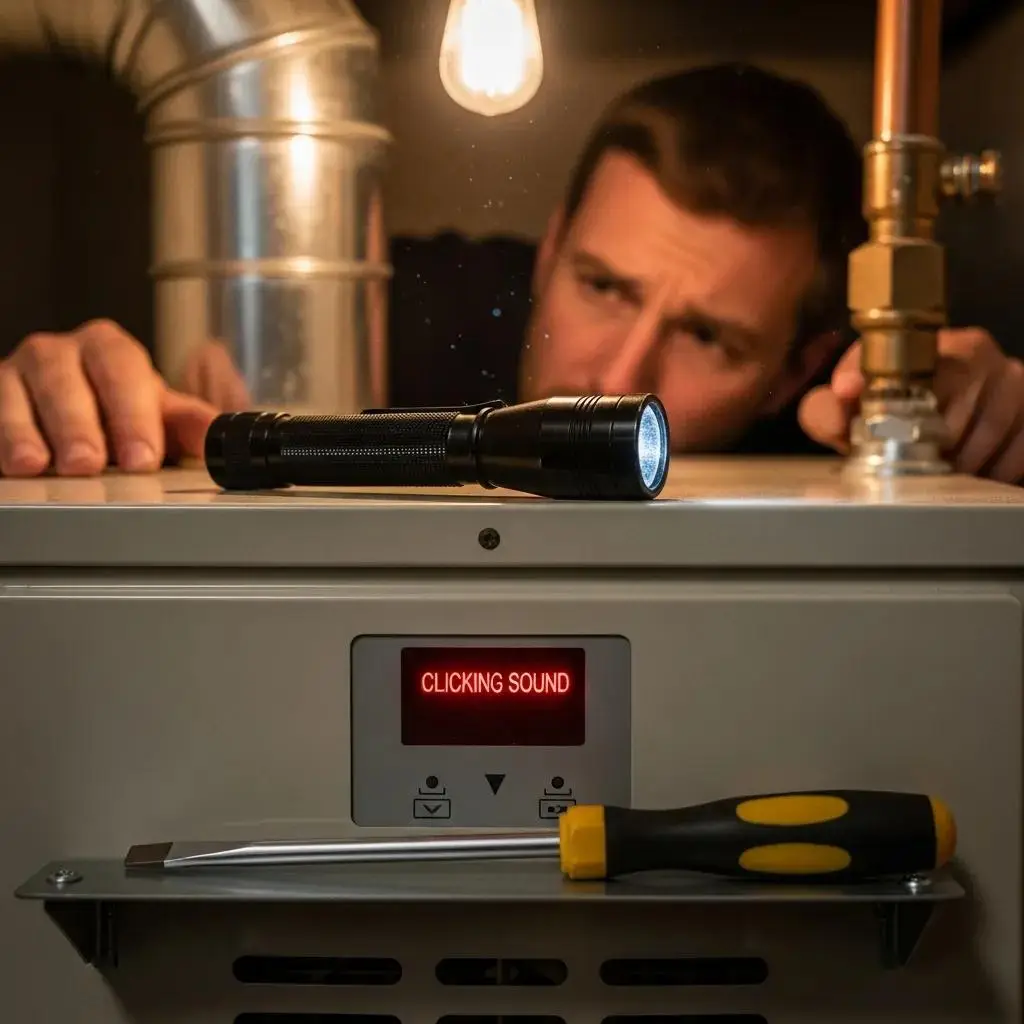 Homeowner inspecting furnace control panel for clicking issues