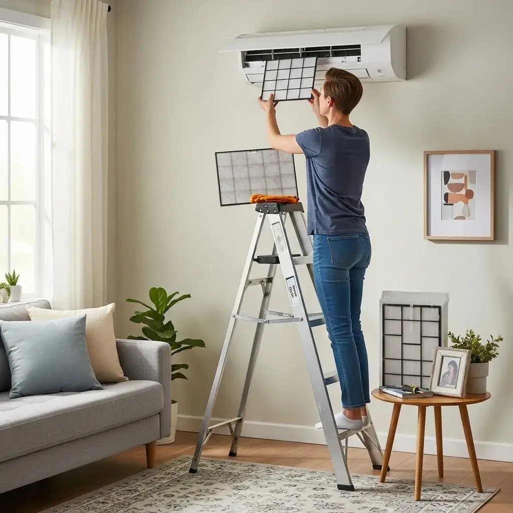 Homeowner replacing an air filter in an indoor air conditioning unit in a bright living room