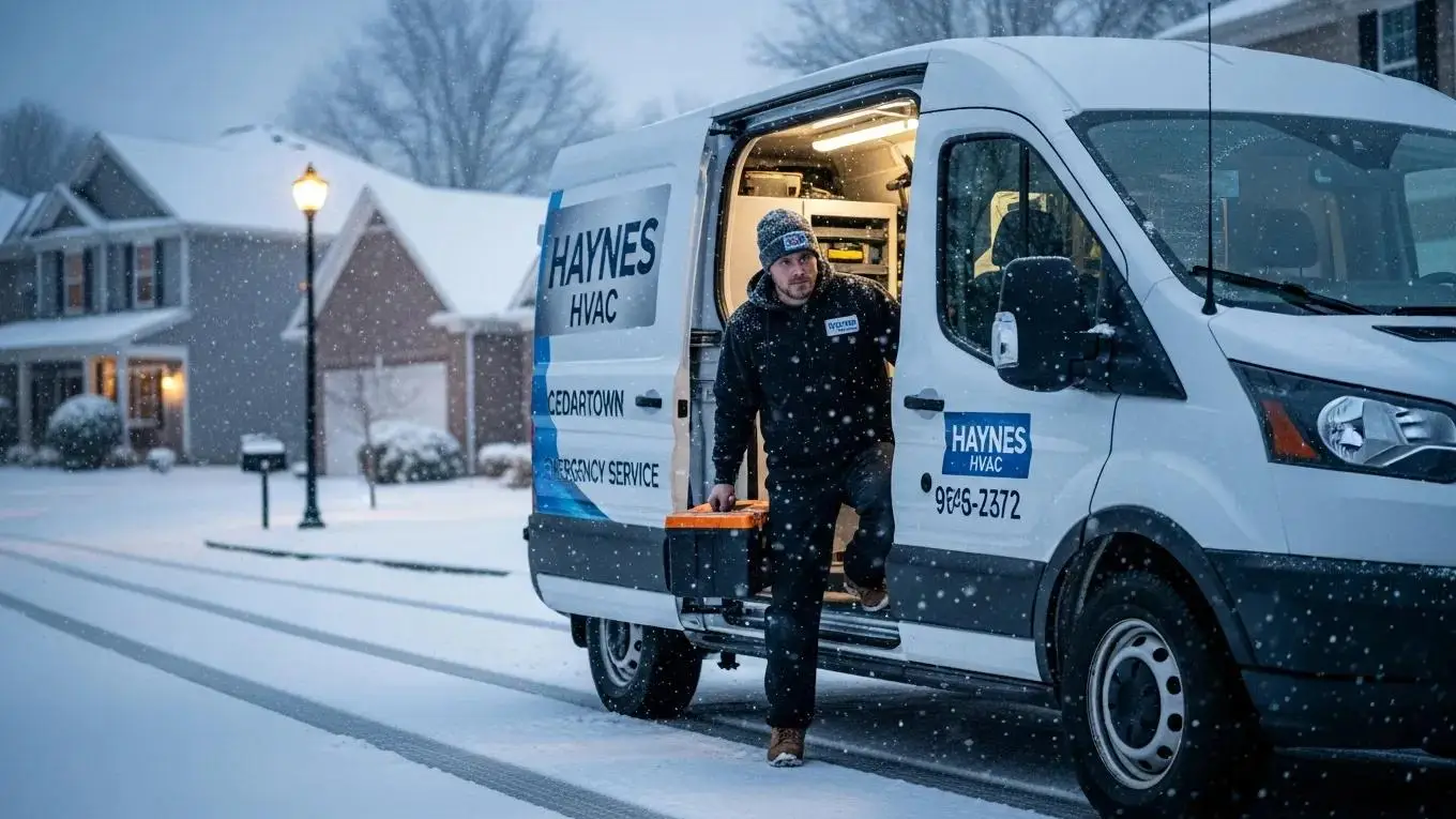 HVAC technician arriving for emergency furnace repair in Cedartown, GA, highlighting local expertise in urgent service
