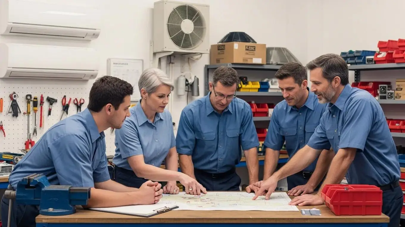 Team of HVAC technicians collaborating on emergency AC repair strategies in a local workshop in Rome, GA