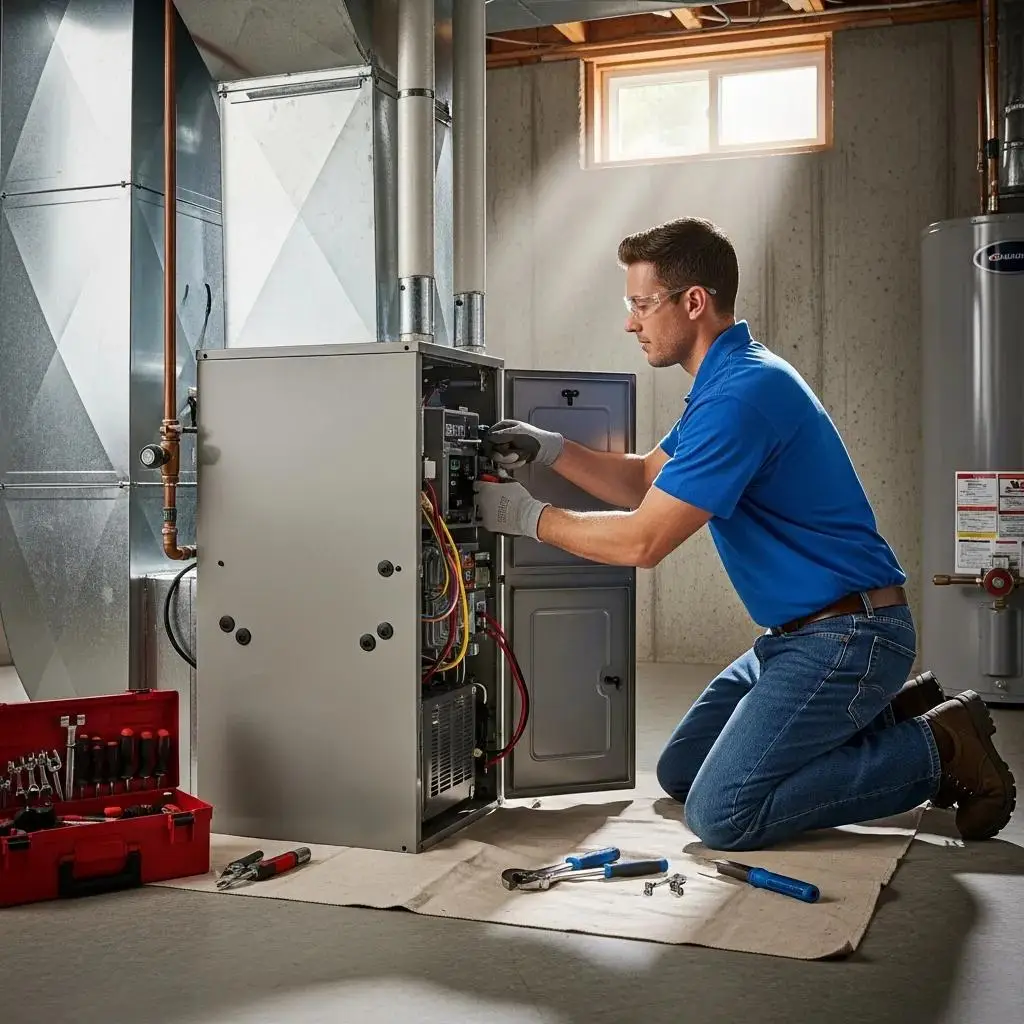 Technician installing a new furnace, illustrating the installation process