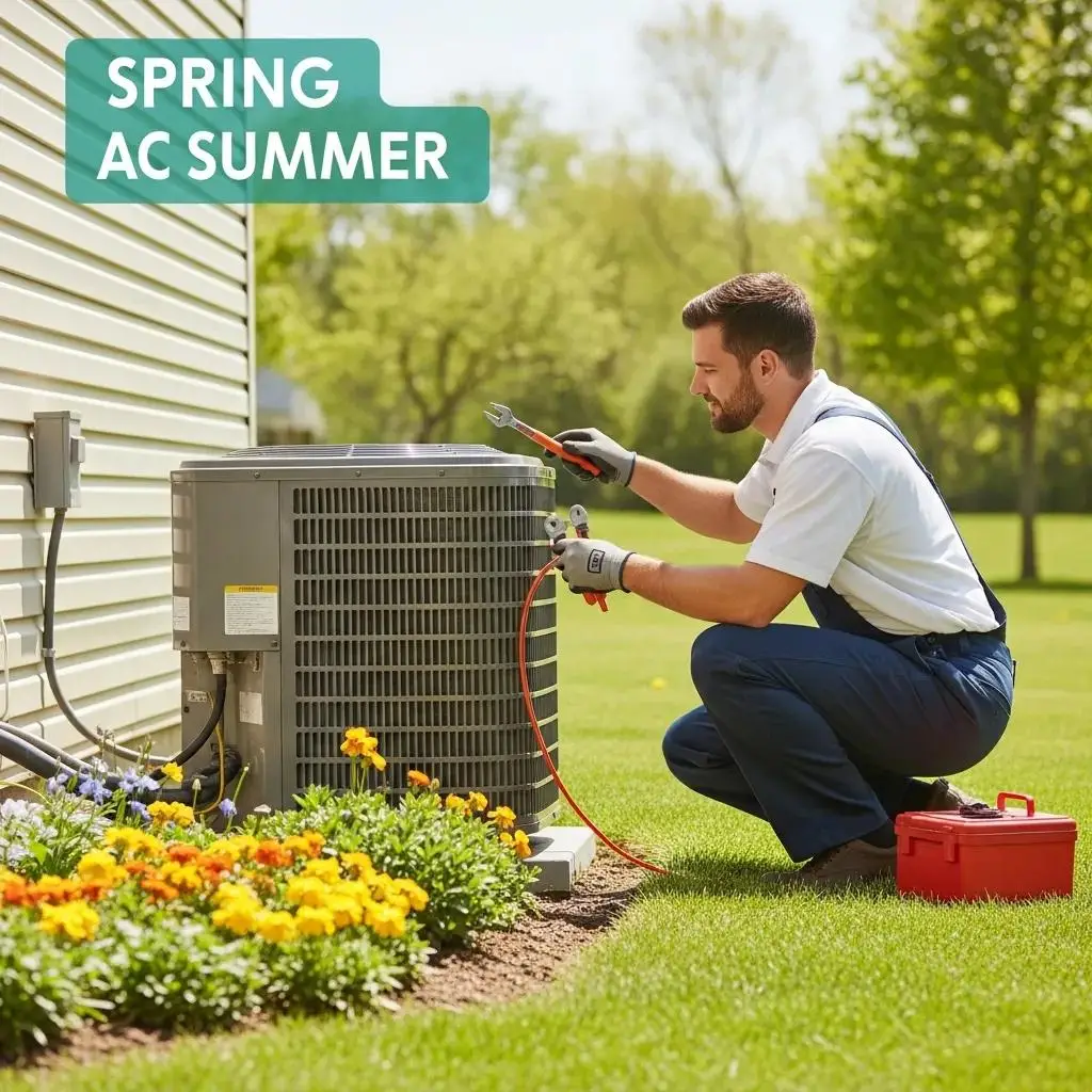 Technician performing a spring AC tune-up on a residential air conditioning unit in a sunny garden