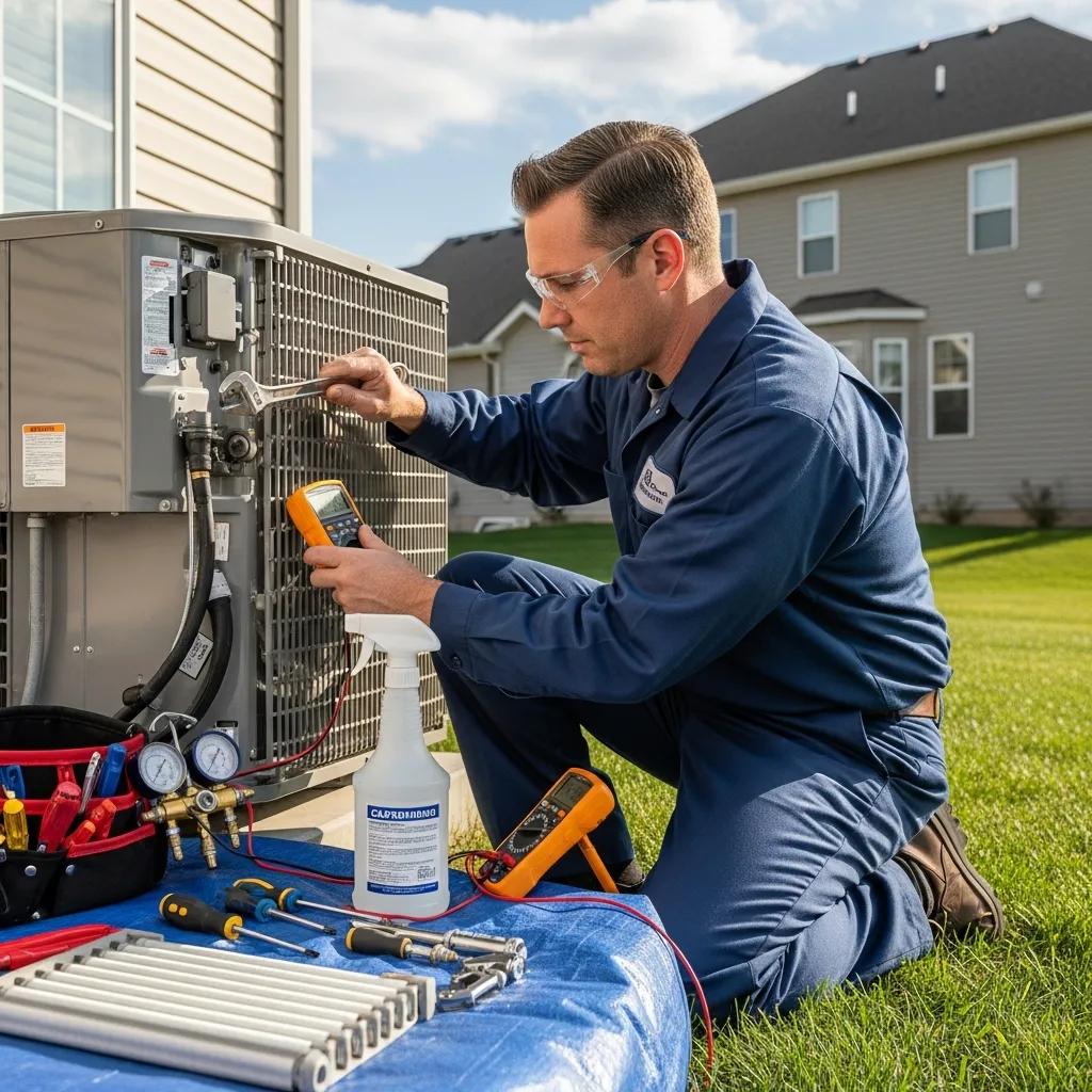 Technician repairing an air conditioning unit in a home setting, highlighting expert AC repair services