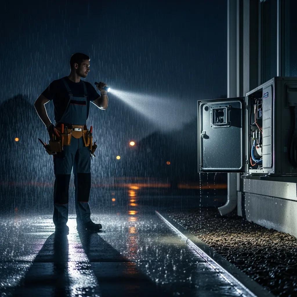 Technician responding to an emergency AC repair at night, showcasing urgency and professional service