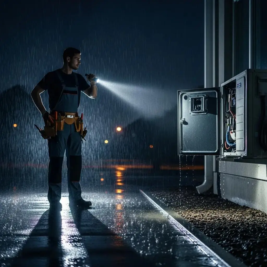 Technician responding to an emergency AC repair at night, showcasing urgency and professional service