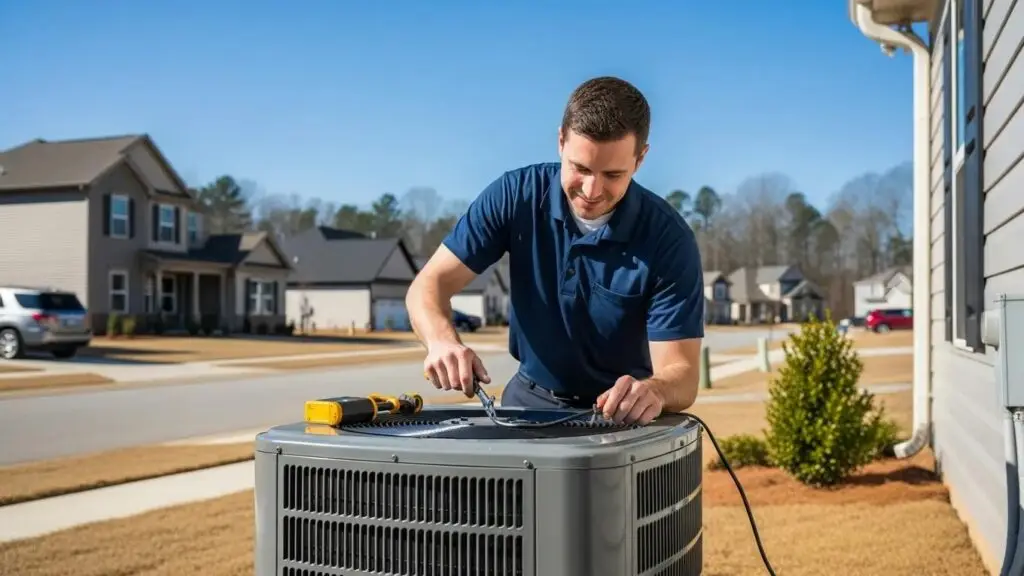 Technician servicing an air conditioning unit in a residential area of Rome, GA, representing emergency AC repair services